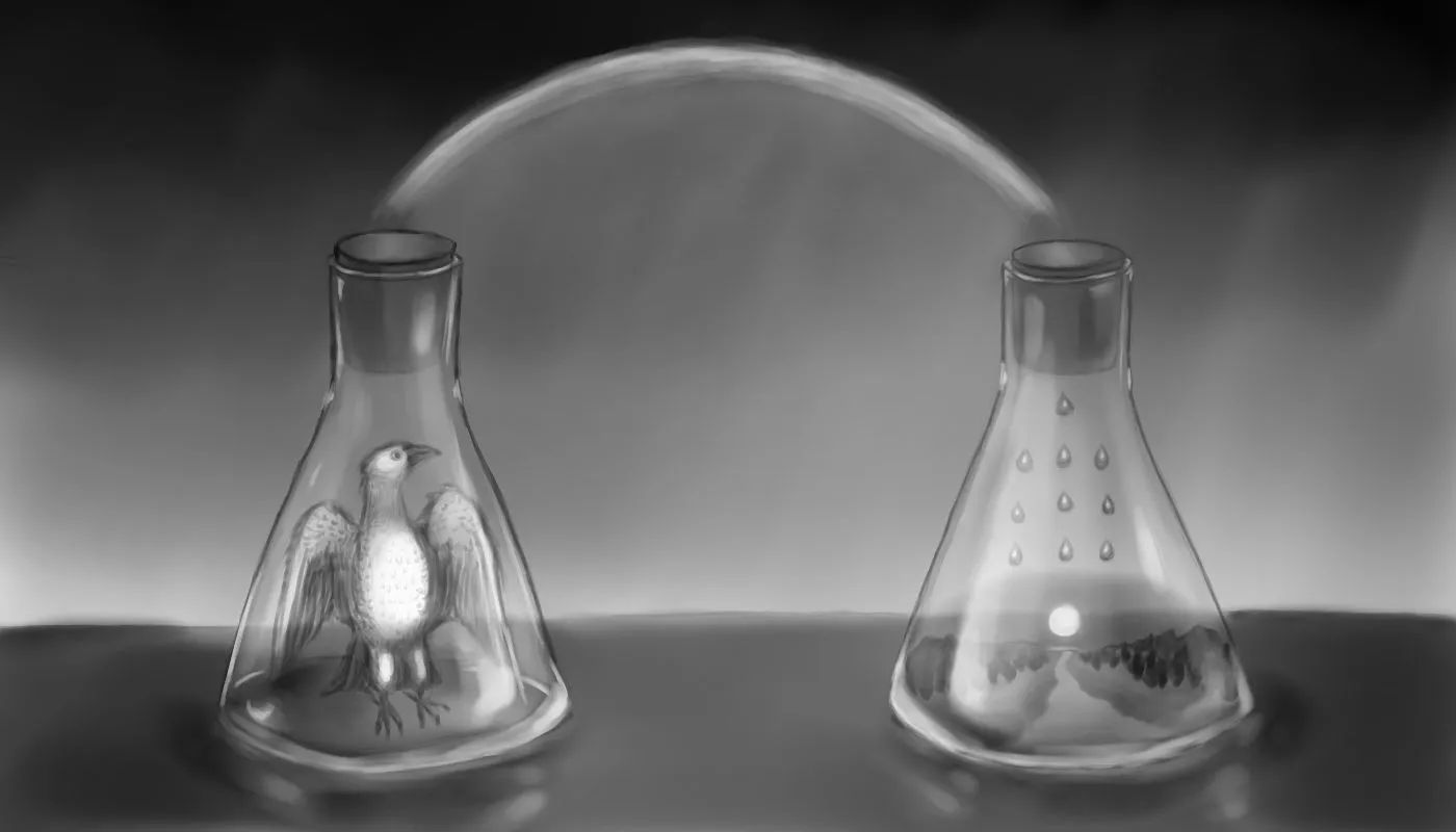 two flasks depicting alchemical scenes